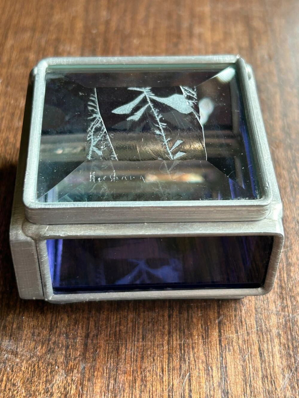 Vintage small stained glass trinket box mirror etched